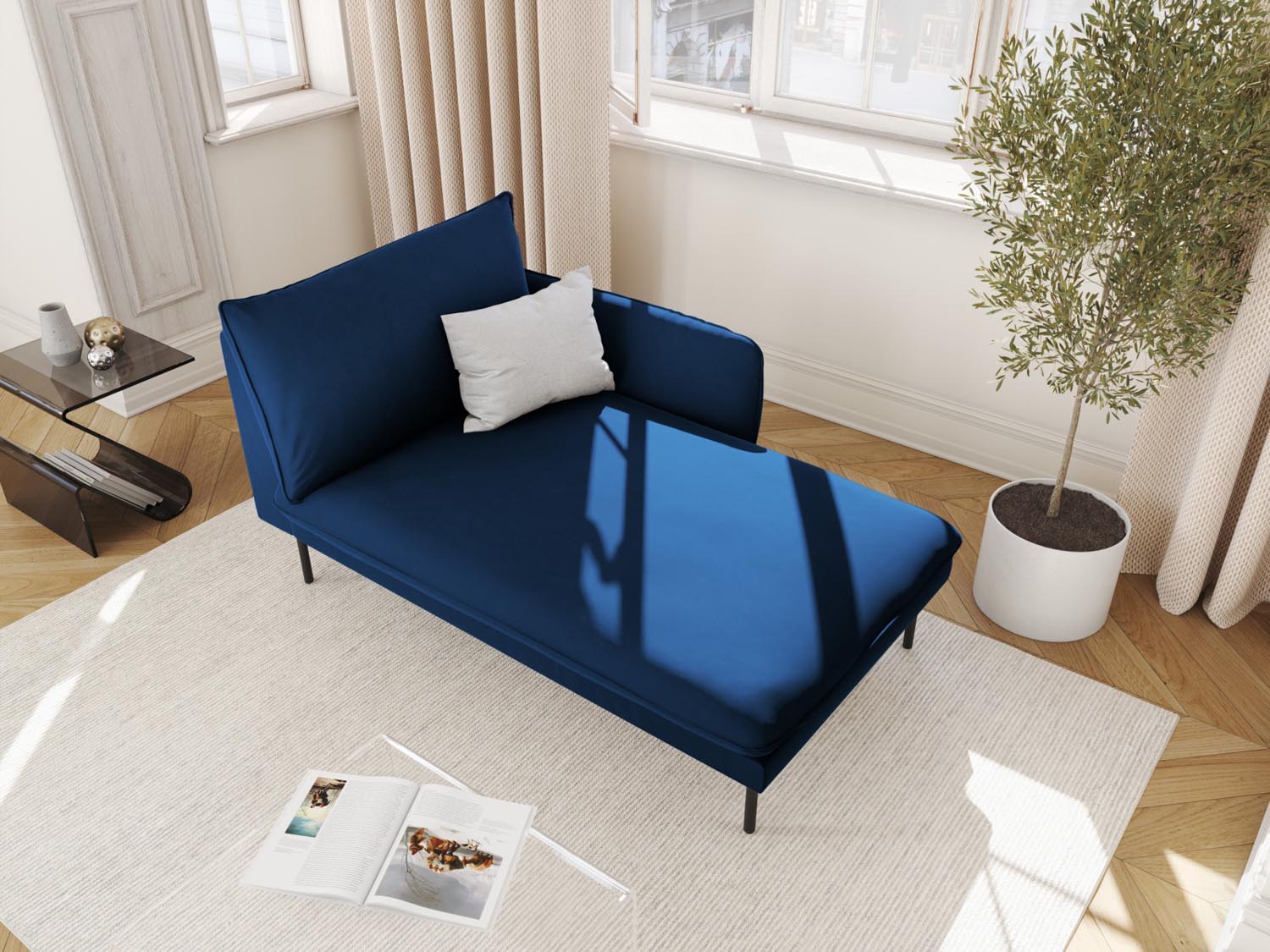 Vienna Velour Sofa Chaise Lounge rechts 1 Sitz 110cm in Royal Blue/Schwarz-Bluvel präsentiert im Onlineshop von KAQTU Design AG. L-Sofa rechts ist von Cosmopolitan Design