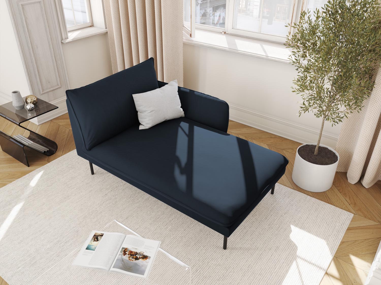 Elegantes Vienna Velour Sofa Chaise Lounge in Dunkelblau, ideal für stilvolle Wohnräume. Komfortable 1-Sitz-Lösung von Cosmopolitan Design.