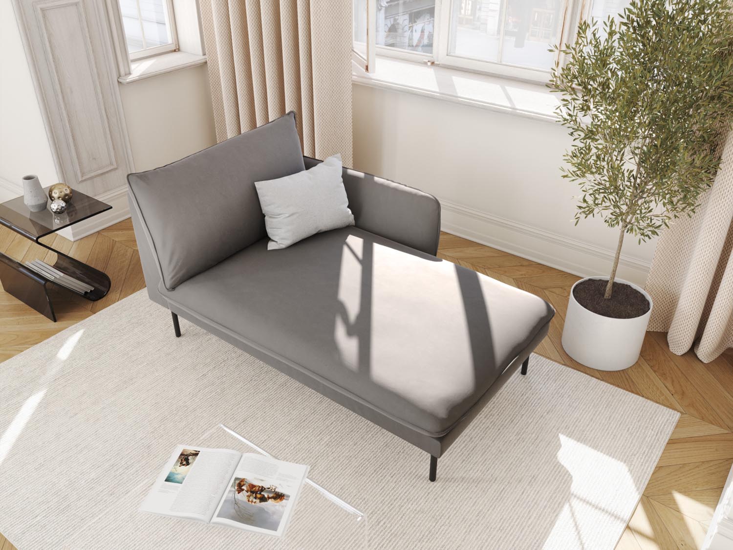 Elegantes Vienna Velour Sofa Chaise Lounge in Hellgrau mit schwarzem Bluvel, ideal für stilvolle Wohnräume. Perfekt für entspannte Momente.