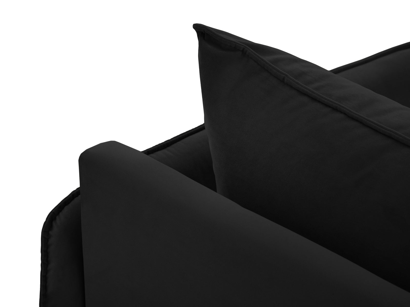 Elegantes schwarzes Velour-Sofa mit Chaise Lounge, ideal für stilvolle Wohnräume und gemütliche Entspannungsecken.
