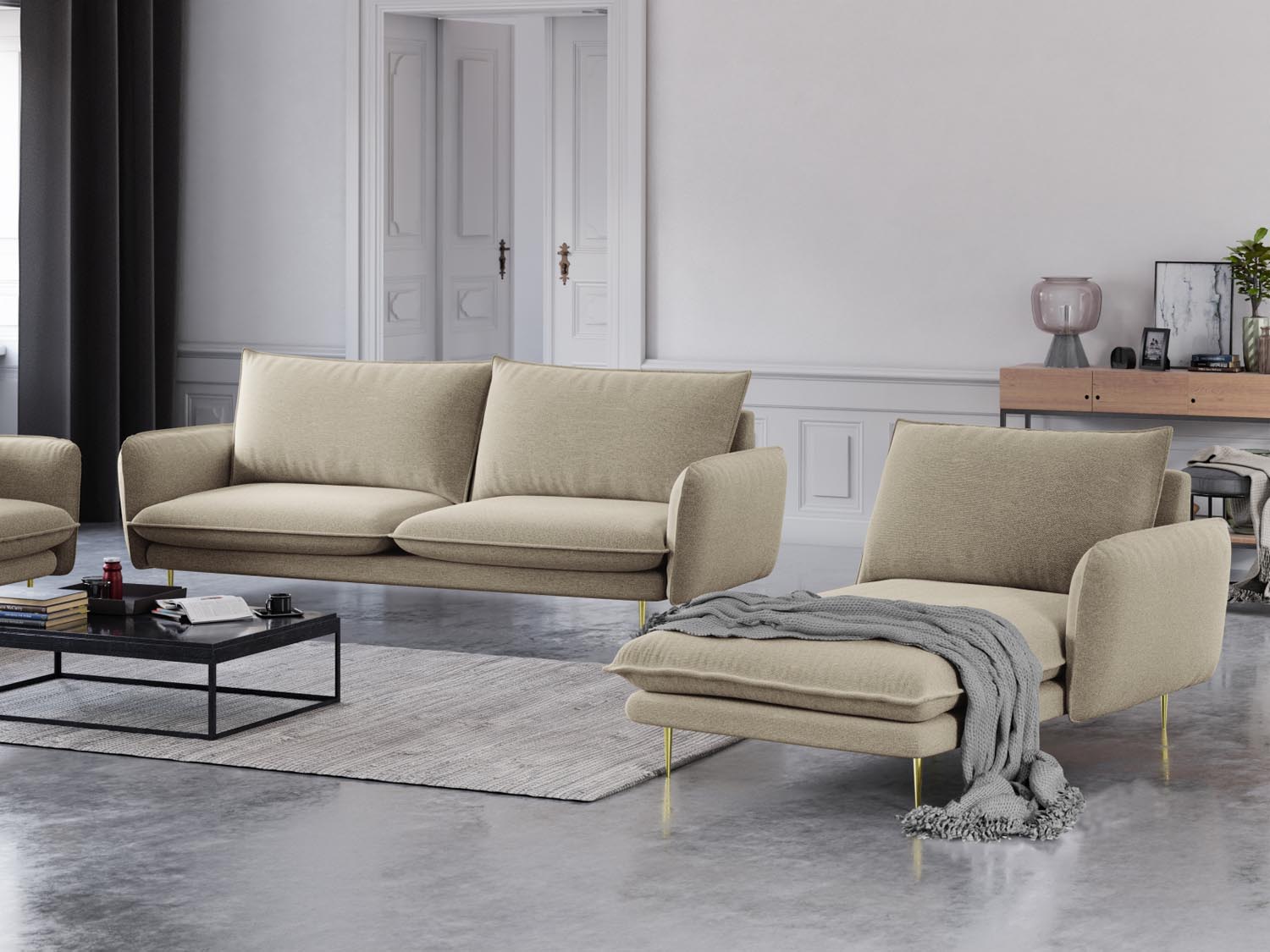 Elegantes Vienna Sofa Chaise Lounge in Beige/Gold-Positano, ideal für stilvolle Wohnräume, präsentiert von Cosmopolitan Design.
