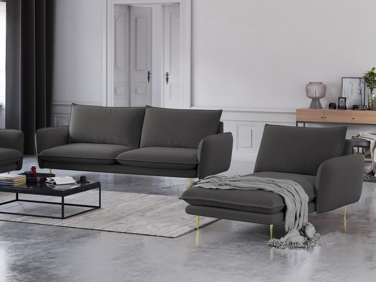 Elegantes Vienna Sofa Chaise Lounge in Dunkelgrau mit goldenen Akzenten, ideal für stilvolle Wohnräume. Perfekt für entspannte Momente.
