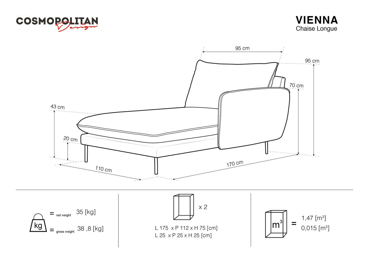 Vienna Sofa Chaise Lounge rechts 1 Sitz 110cm in Dark Grey/Schwarz-Positano präsentiert im Onlineshop von KAQTU Design AG. L-Sofa rechts ist von Cosmopolitan Design