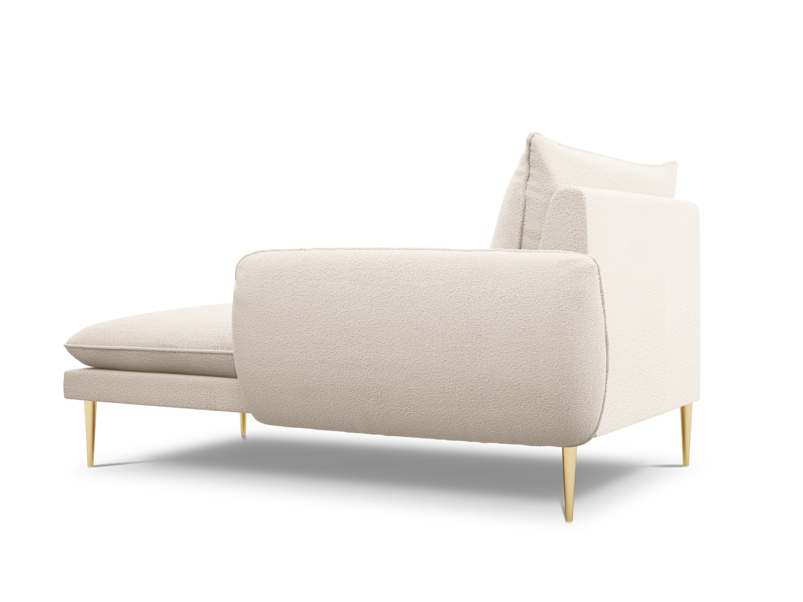 Elegantes Vienna Boucle Sofa Chaise Lounge in Beige, mit stilvollen goldenen Akzenten, ideal für zeitgemäße Wohnkonzepte.