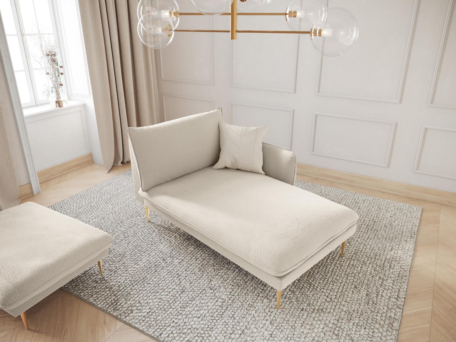 Elegantes Vienna Boucle Sofa Chaise Lounge in Beige mit goldenen Akzenten, ideal für stilvolle Wohnräume. Rechtsseitige Sitzgelegenheit.