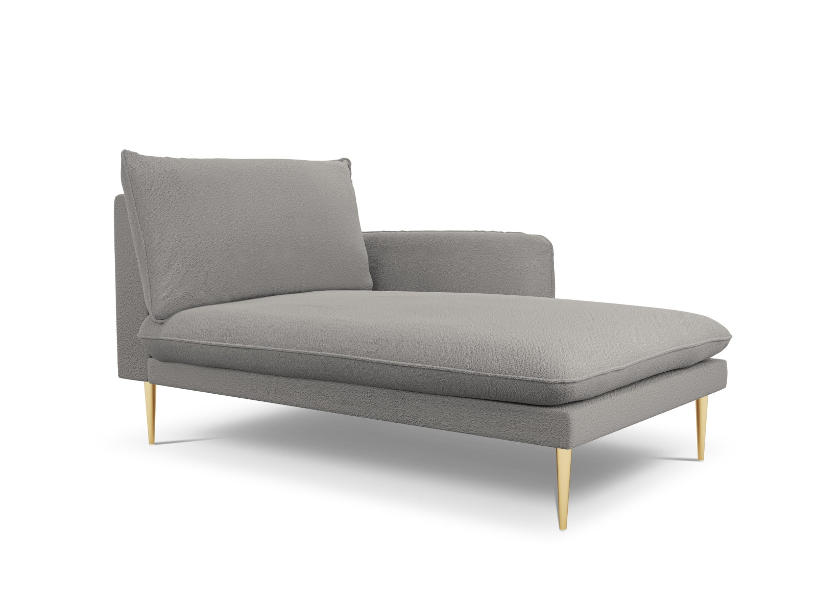 Stilvolles Vienna Boucle Sofa Chaise Lounge in Grau, mit luxuriösen goldenen Details, perfekt für moderne Wohnkonzepte. Rechtsseitige Ausführung.