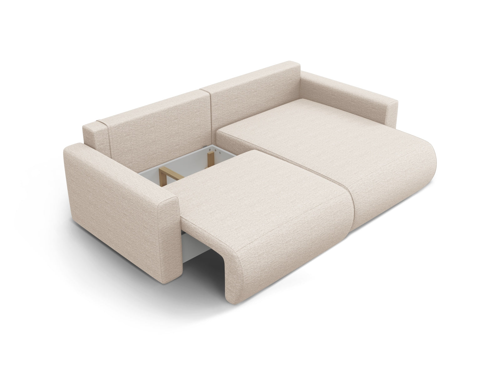 Beiges L-Sofa Belfast mit Schlaffunktion und Stauraum, 3-Sitzer, linksseitig, ideal für moderne und funktionale Wohnkonzepte.