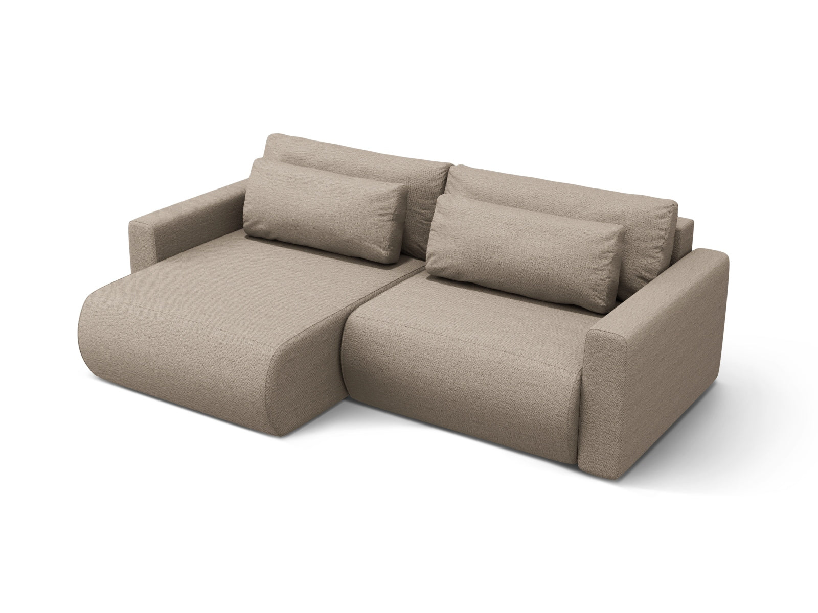 Elegantes L-Sofa Belfast in Dunkelbeige, 3-Sitzer mit praktischer Schlaffunktion und integriertem Stauraum, perfekt für stilvolle Wohnzimmer.