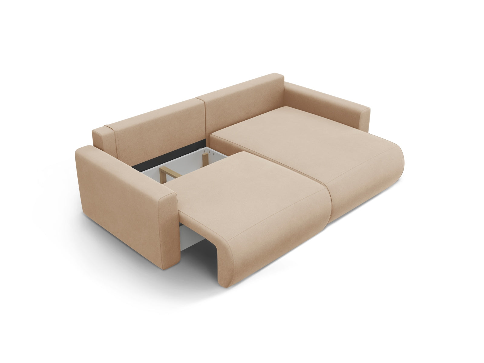 Stylisches L-Sofa Belfast in sanftem Almond Beige, bietet komfortable Schlaffunktion und praktischen Stauraum für Ihr Zuhause.