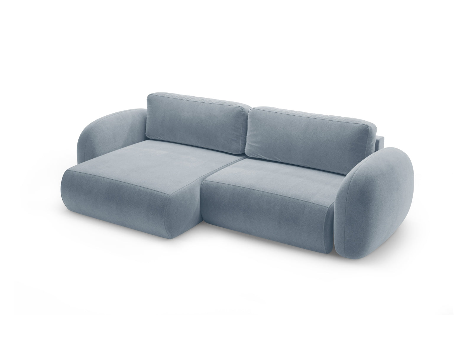 Modernes Tonale Ecksofa in Blue Grey-Magic Velvet, 4-Sitzer mit praktischer Schlaffunktion und integriertem Stauraum, perfekt für jedes Zuhause.