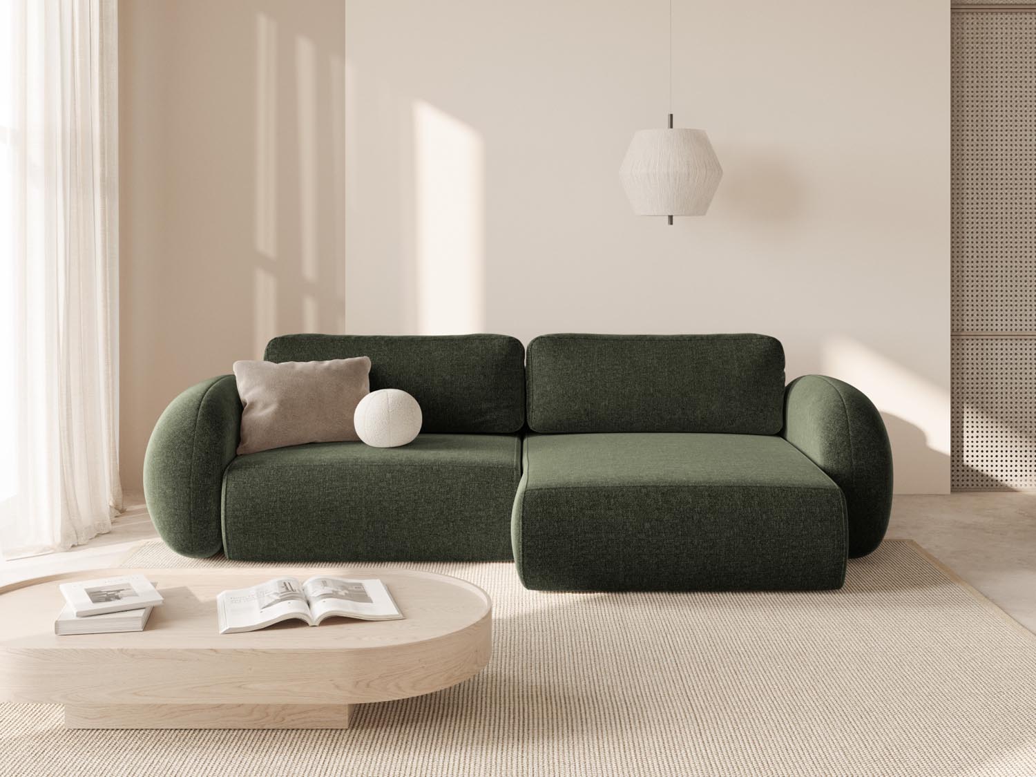Elegantes Tonale Ecksofa in Grün mit Schlaffunktion und Stauraum, ideal für moderne Wohnräume, präsentiert in stilvollem Ambiente.