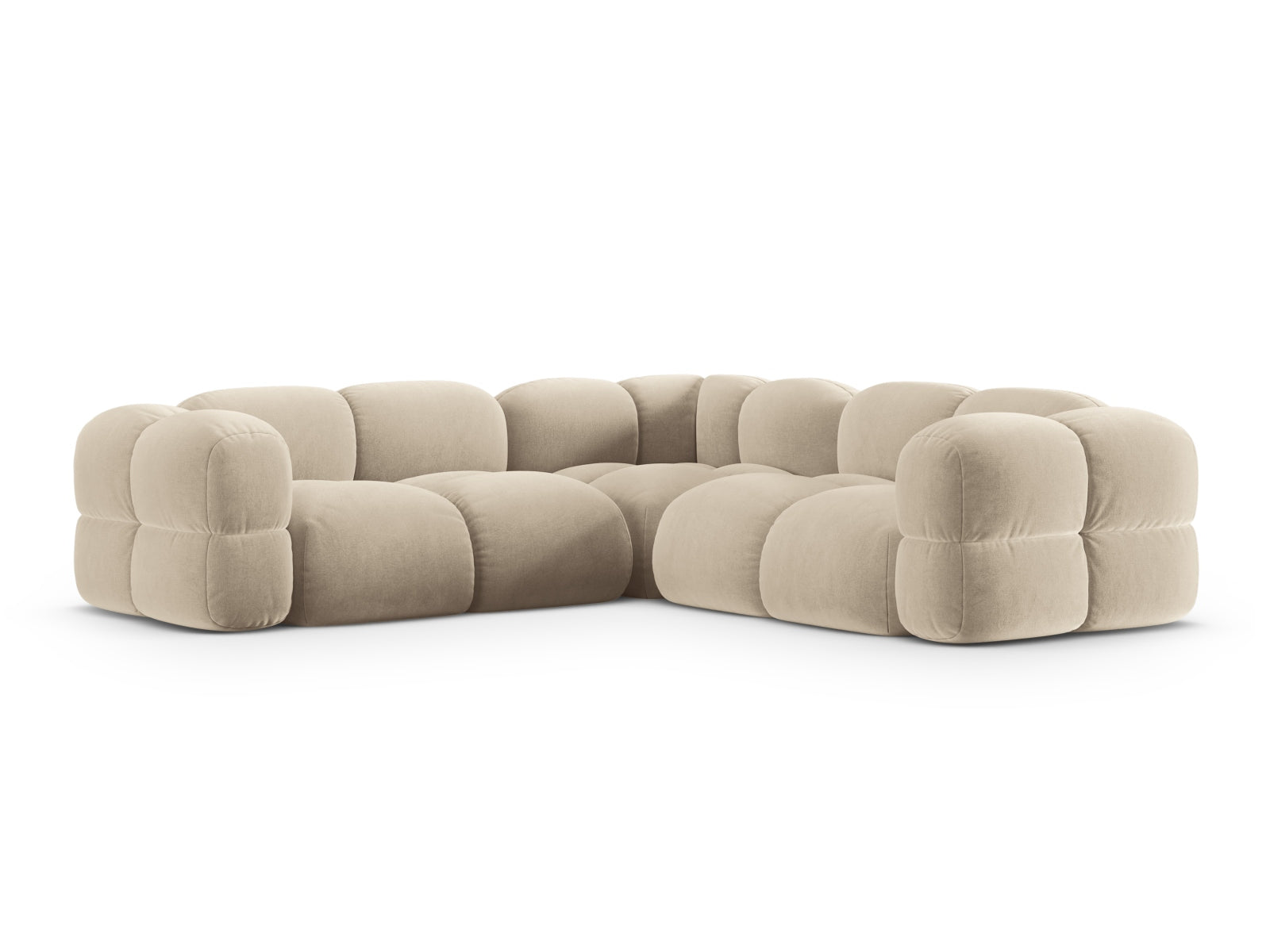 Elegantes Loretto Velour Ecksofa in sanftem Beige, ideal für moderne Wohnräume und gesellige Abende mit Freunden.