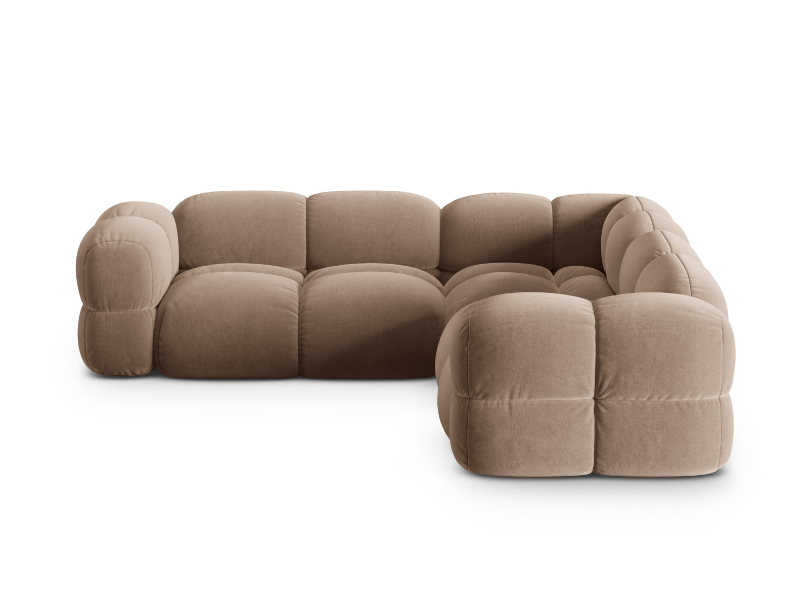 Modernes Loretto Velour Ecksofa in sanftem Dunkelbeige, perfekt für entspannte Stunden und stilvolle Einrichtungsideen.