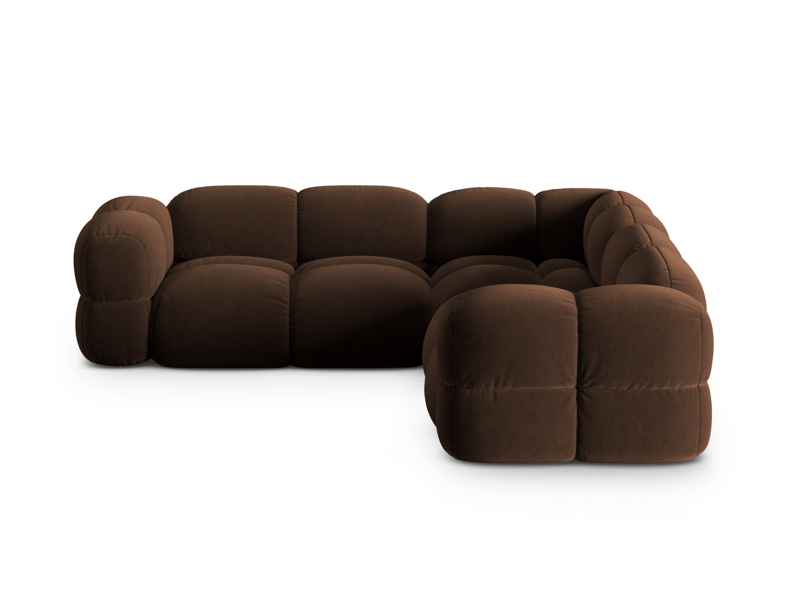 Modernes 4-Sitzer Ecksofa Loretto aus Velours in edler Schokoladenfarbe, perfekt für gemütliche und stilvolle Wohnambiente.