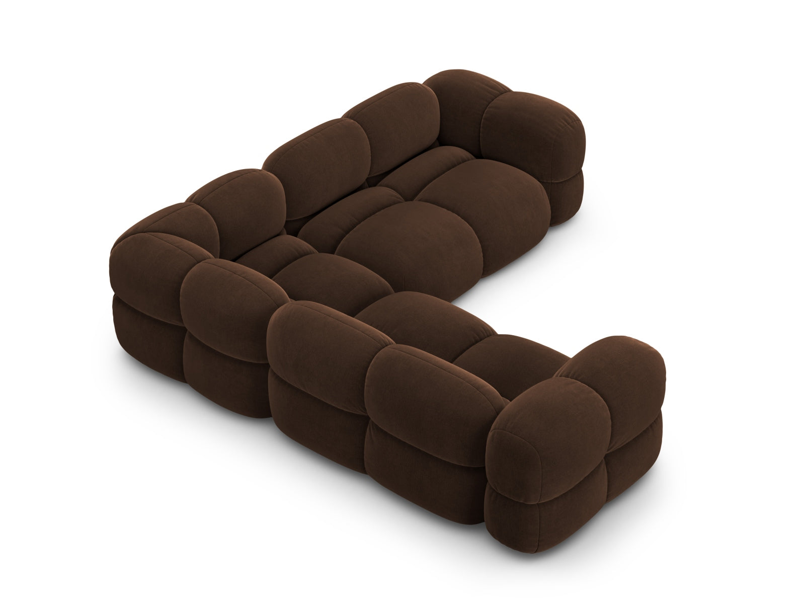 Modernes Loretto Velour Ecksofa, 4-Sitzer mit symmetrischer Form, perfekt für komfortable und stilvolle Wohnambiente.