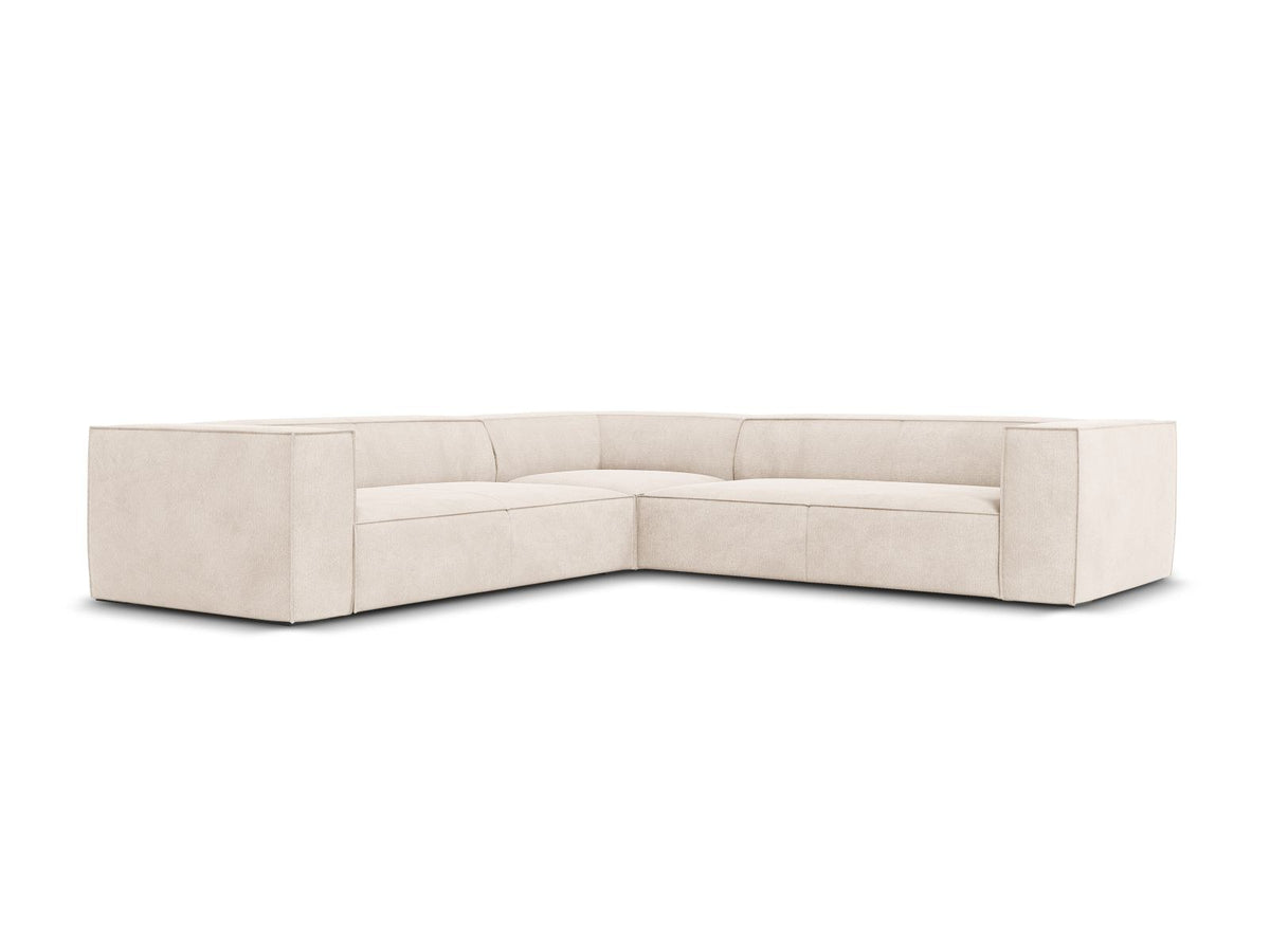 Symmetrisches Ecksofa Turin in Light Beige-Rosario mit Chenille-Bezug, Massivholzrahmen und Beinen aus schwarzem Buchenholz, 280 cm breit.