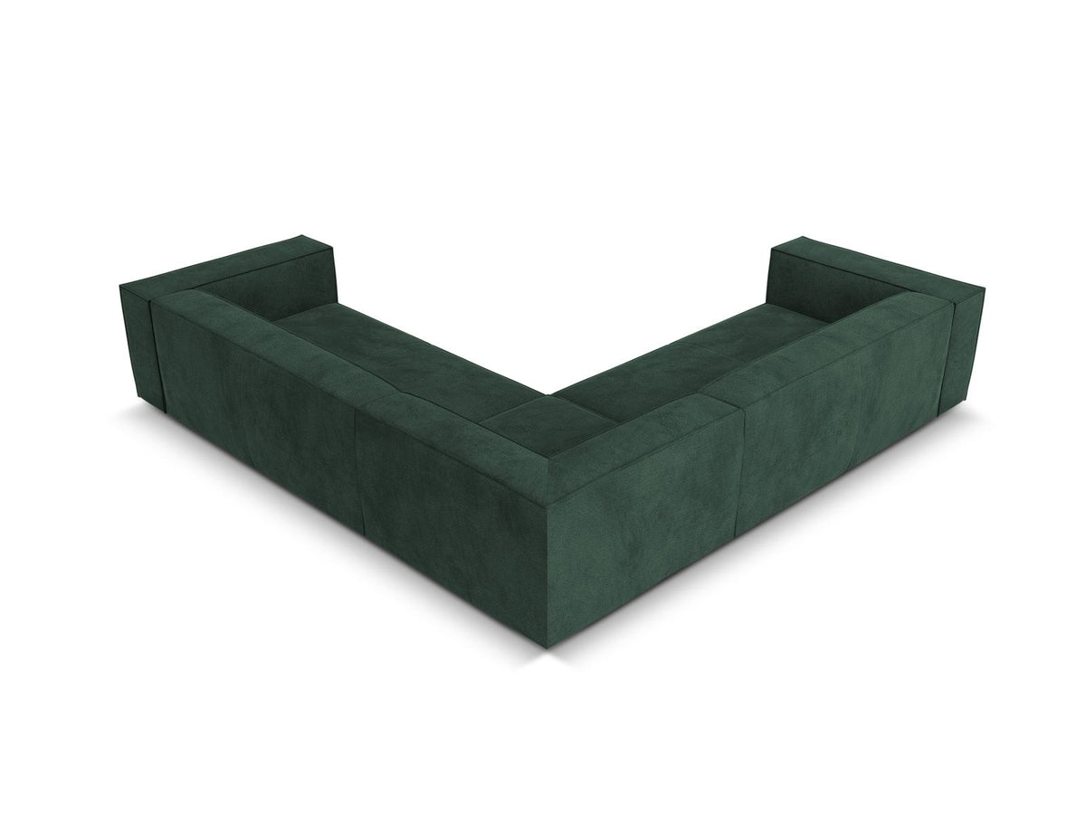 Symmetrisches Ecksofa Turin in Light Beige-Rosario mit Chenille-Bezug, Massivholzrahmen und Beinen aus schwarzem Buchenholz, 280 cm breit.