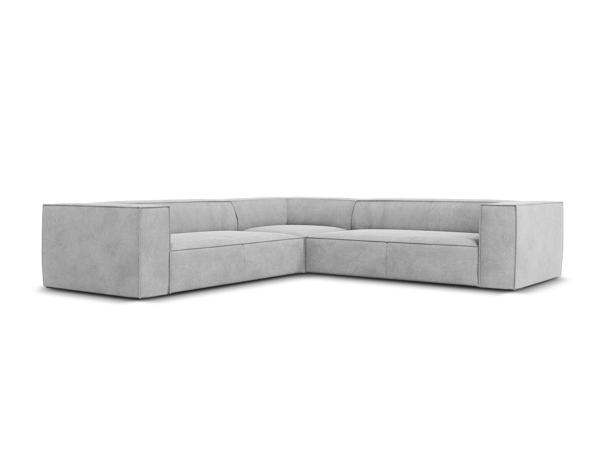 Symmetrisches Ecksofa Turin in Light Beige-Rosario mit Chenille-Bezug, Massivholzrahmen und Beinen aus schwarzem Buchenholz, 280 cm breit.