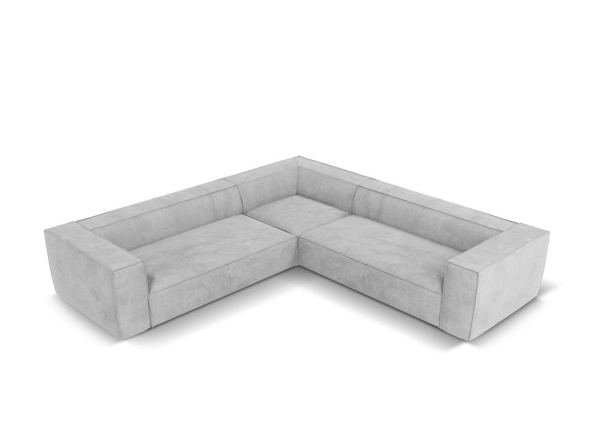 Symmetrisches Ecksofa Turin in Light Beige-Rosario mit Chenille-Bezug, Massivholzrahmen und Beinen aus schwarzem Buchenholz, 280 cm breit.