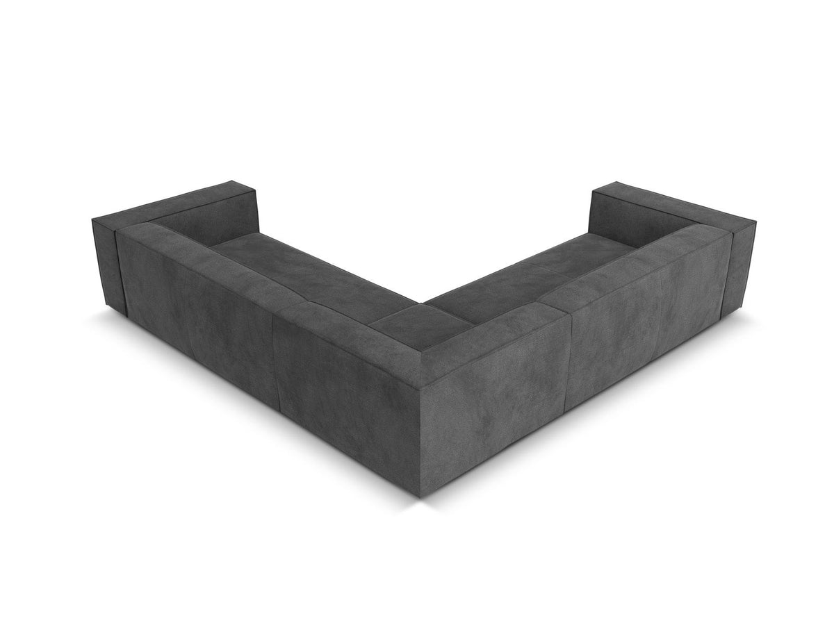 Symmetrisches Ecksofa Turin in Light Beige-Rosario mit Chenille-Bezug, Massivholzrahmen und Beinen aus schwarzem Buchenholz, 280 cm breit.