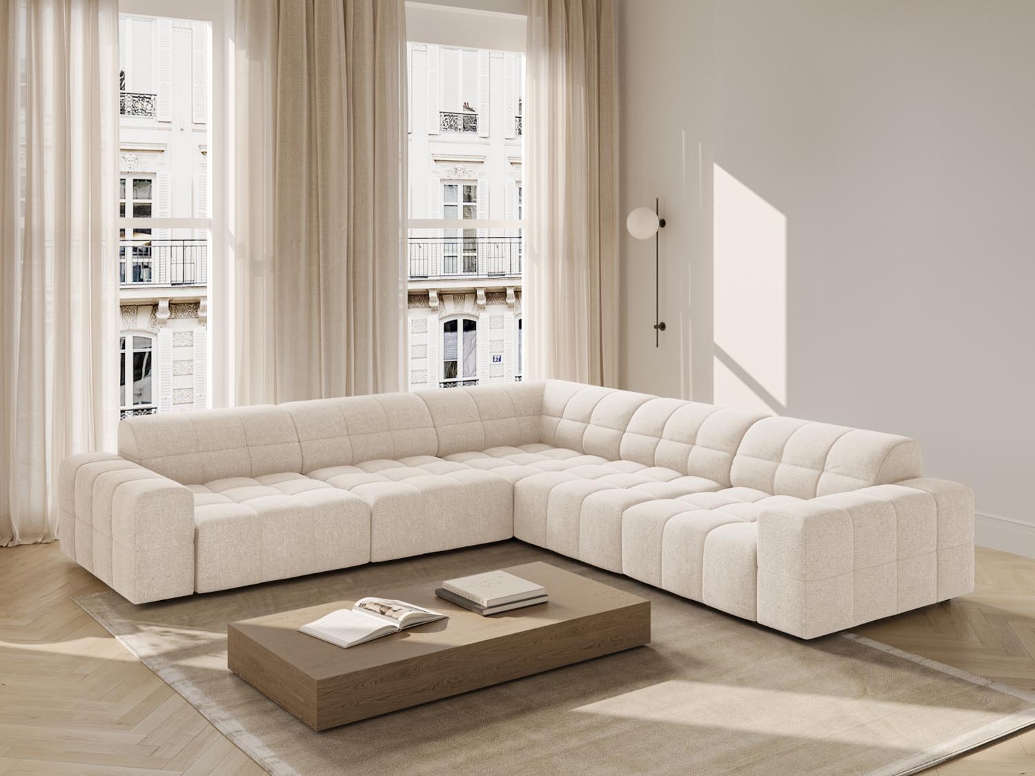 Stylisches Chicago Ecksofa in Light Beige, 4-Sitzer, 287 cm, ideal für moderne Wohnräume, präsentiert von Cosmopolitan Design.