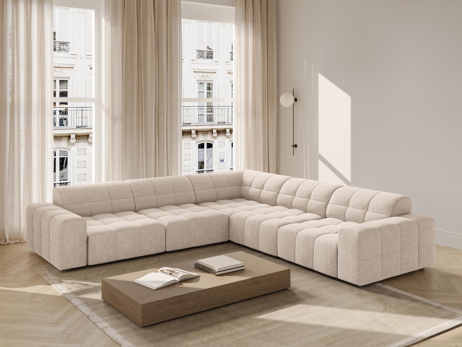 Beige Chicago Ecksofa 4 Sitzer mit modernem Design, ideal für stilvolle Wohnzimmer, präsentiert von Cosmopolitan Design.