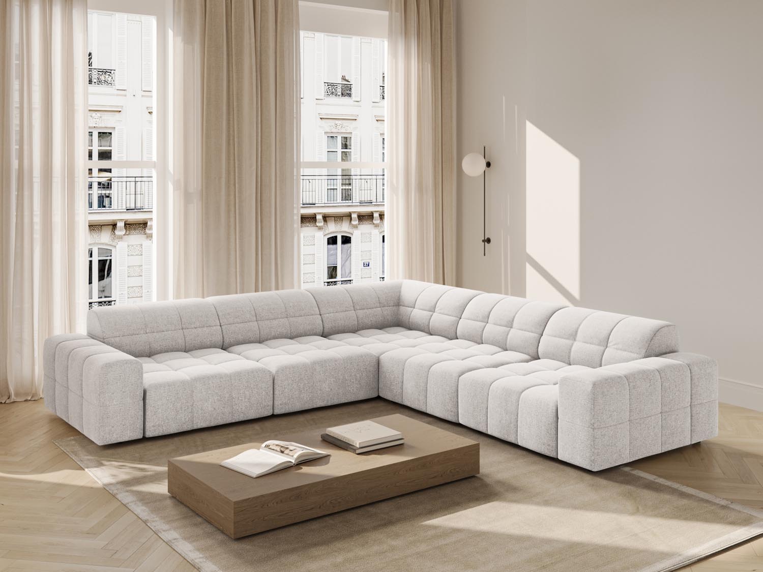 Stylisches Chicago Ecksofa in Light Grey-Haga, 4-Sitzer, 287 cm, ideal für moderne Wohnräume, präsentiert von Cosmopolitan Design.