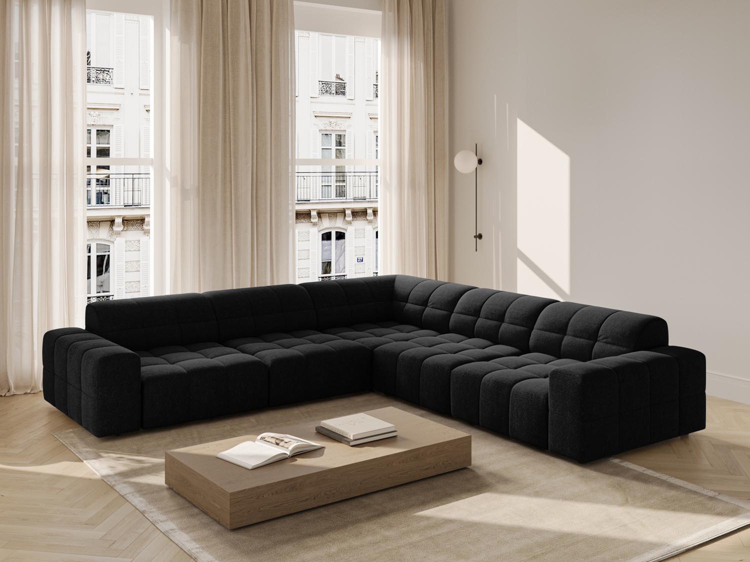 Elegantes Chicago Ecksofa in Schwarz, 4-Sitzer mit modernem Design, ideal für stilvolle Wohnräume.