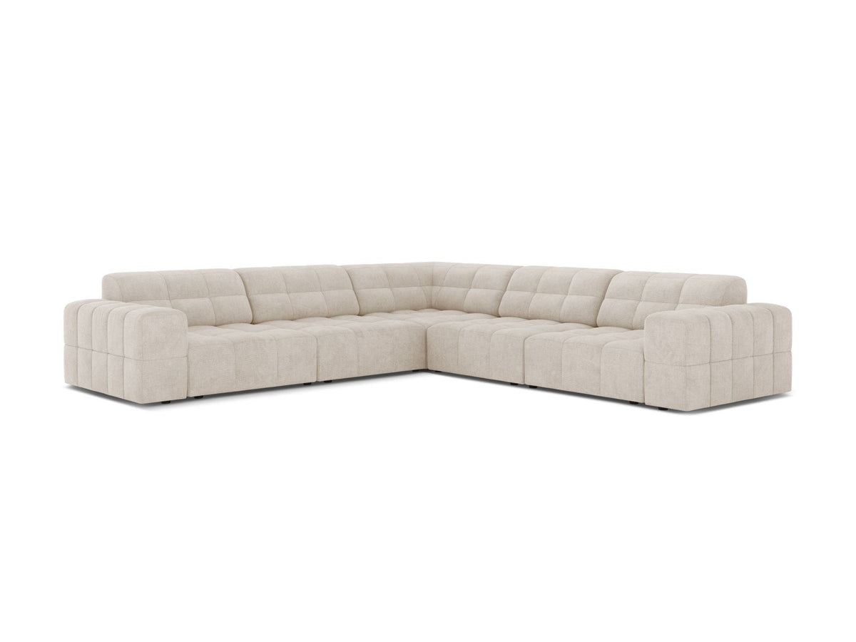 Ecksofa Chicago von Cosmopolitan Design in Light Beige-Eden mit Chenille-Stoff, Massivholzrahmen und schwarzen Kunststoffbeinen, 4-Sitzer-Form.