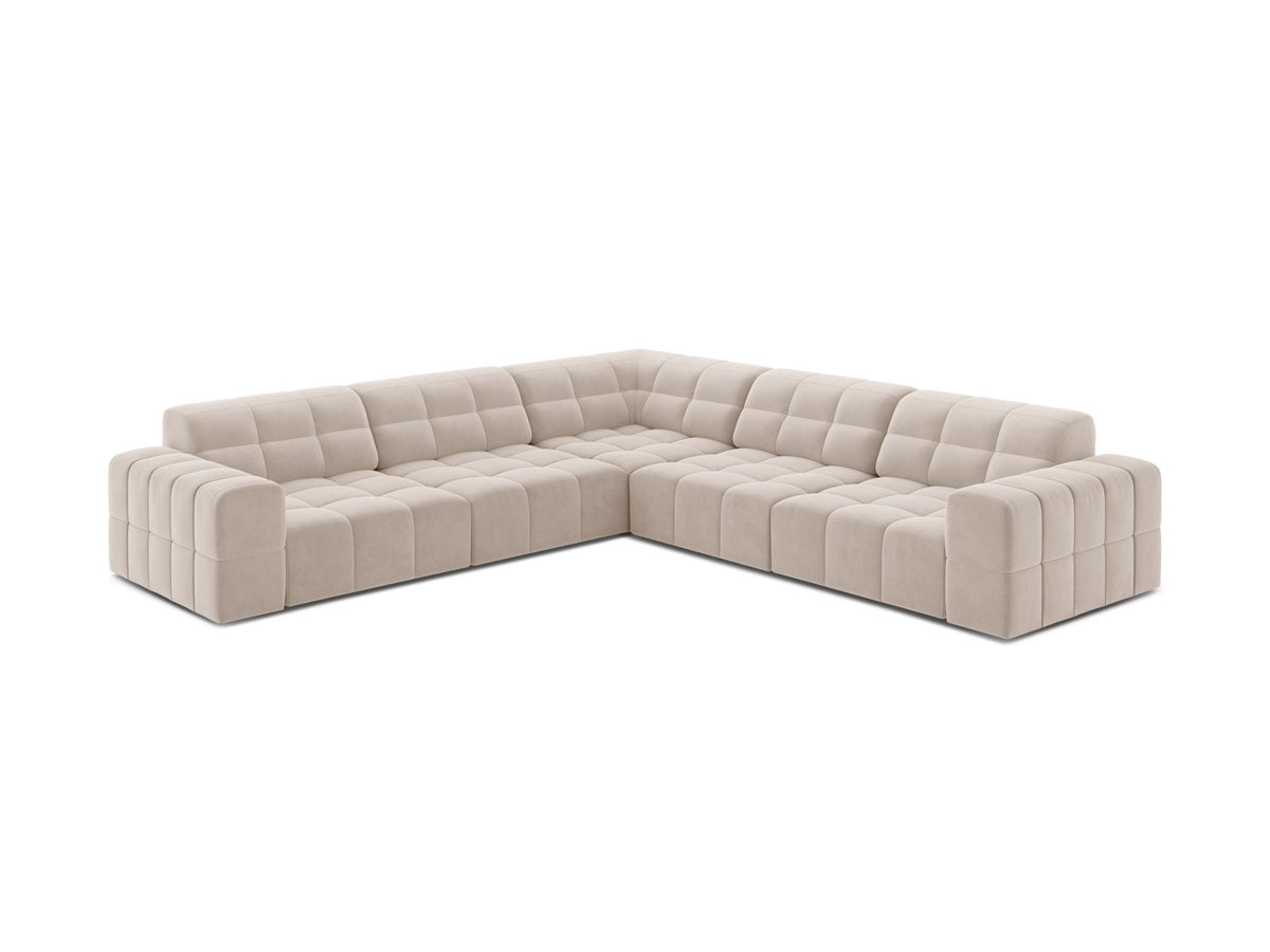 Ecksofa Chicago von Cosmopolitan Design in Light Beige-Eden mit Chenille-Stoff, Massivholzrahmen und schwarzen Kunststoffbeinen, 4-Sitzer-Form.