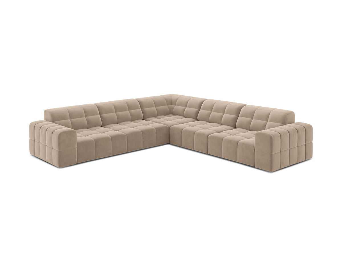 Ecksofa Chicago von Cosmopolitan Design in Light Beige-Eden mit Chenille-Stoff, Massivholzrahmen und schwarzen Kunststoffbeinen, 4-Sitzer-Form.
