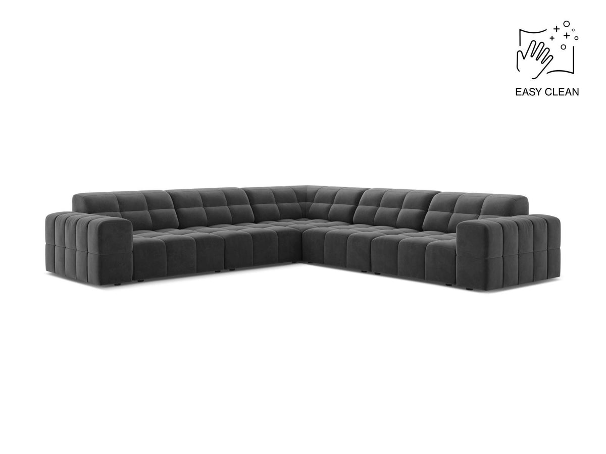 Ecksofa Chicago von Cosmopolitan Design in Light Beige-Eden mit Chenille-Stoff, Massivholzrahmen und schwarzen Kunststoffbeinen, 4-Sitzer-Form.