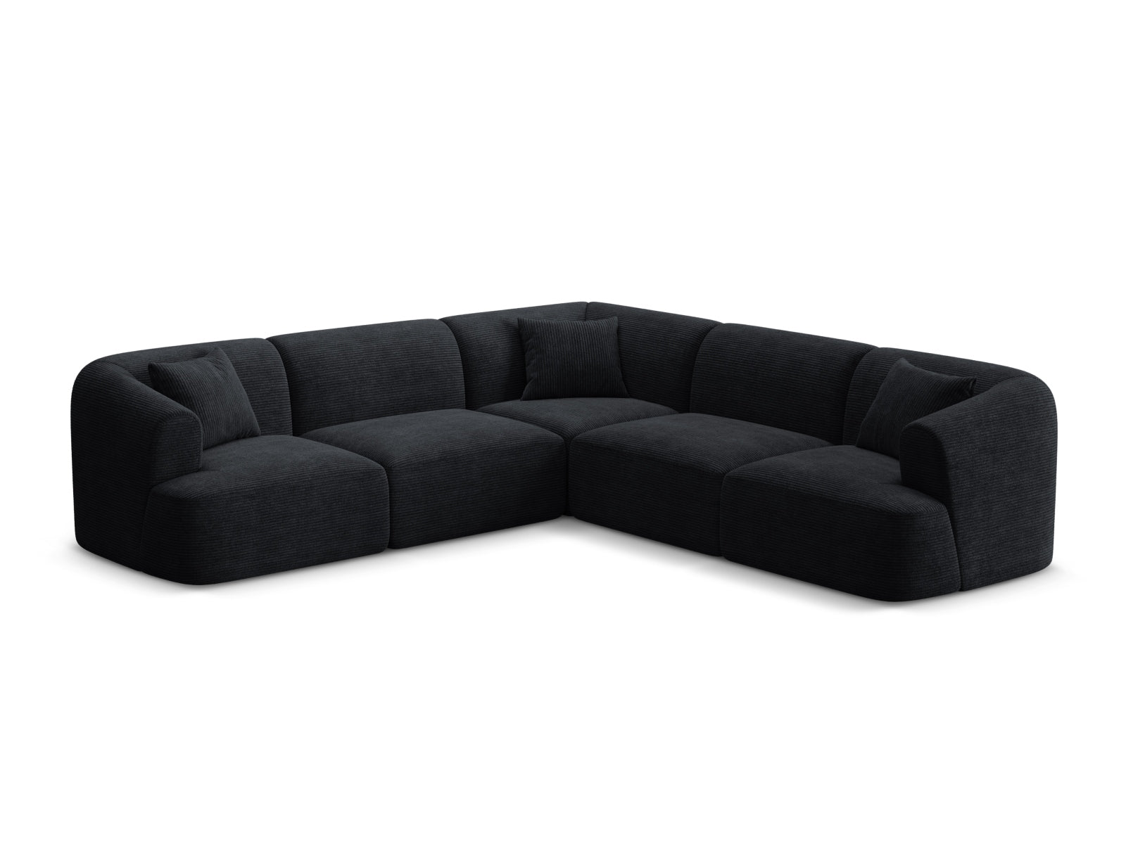 Modulares 6-Sitzer Ecksofa Campi in elegantem Black-Lincoln, ideal für stilvolle Wohnräume. Perfekte Symmetrie und Komfort vereint.