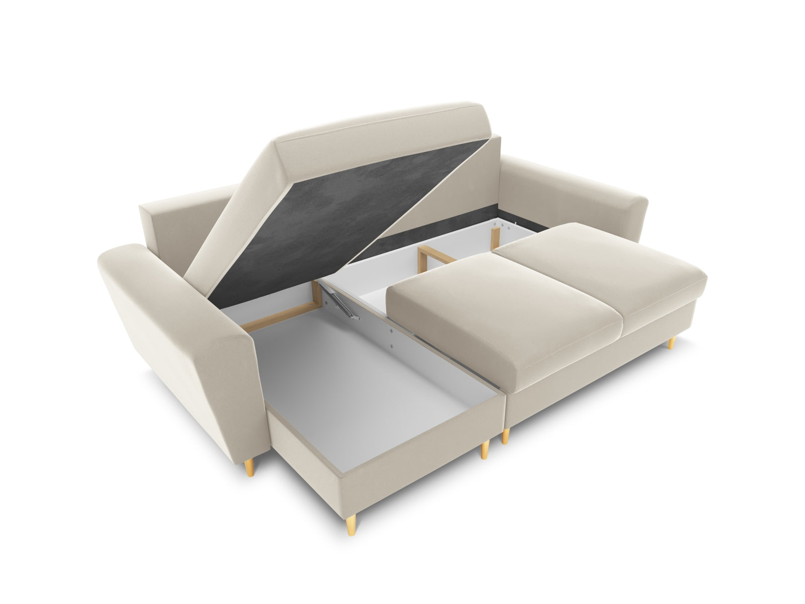 Modernes Kyoto Ecksofa in sanftem Beige, 4-Sitzer mit cleverer Schlaffunktion und integriertem Stauraum, ideal für gemütliche Wohnräume.
