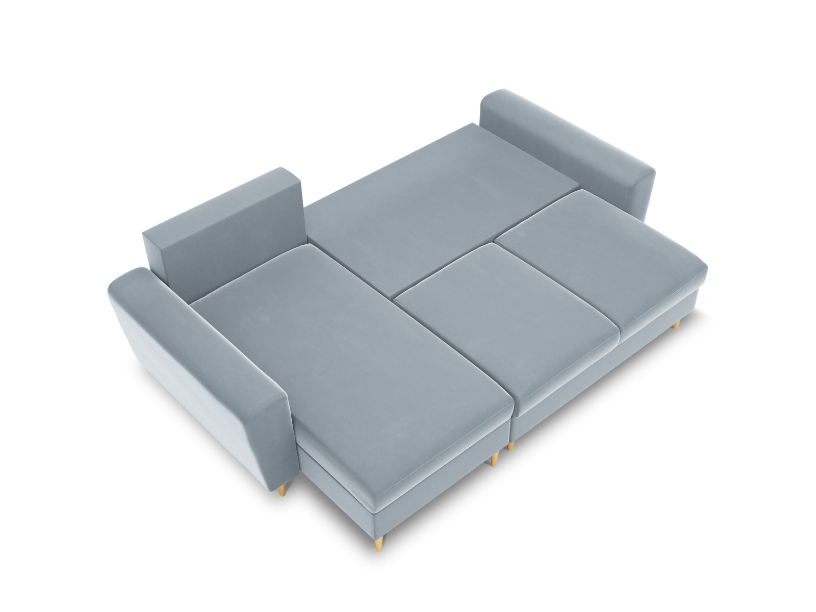 Stylisches Kyoto Ecksofa in Hellblau mit Schlaffunktion und Stauraum, ideal für moderne Wohnräume, präsentiert von Cosmopolitan Design.