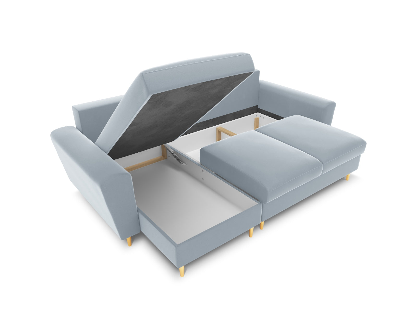 Elegantes Kyoto Ecksofa in sanftem Hellblau, 4-Sitzer mit praktischer Schlaffunktion und Stauraum, perfekt für stilvolle Wohnzimmer.