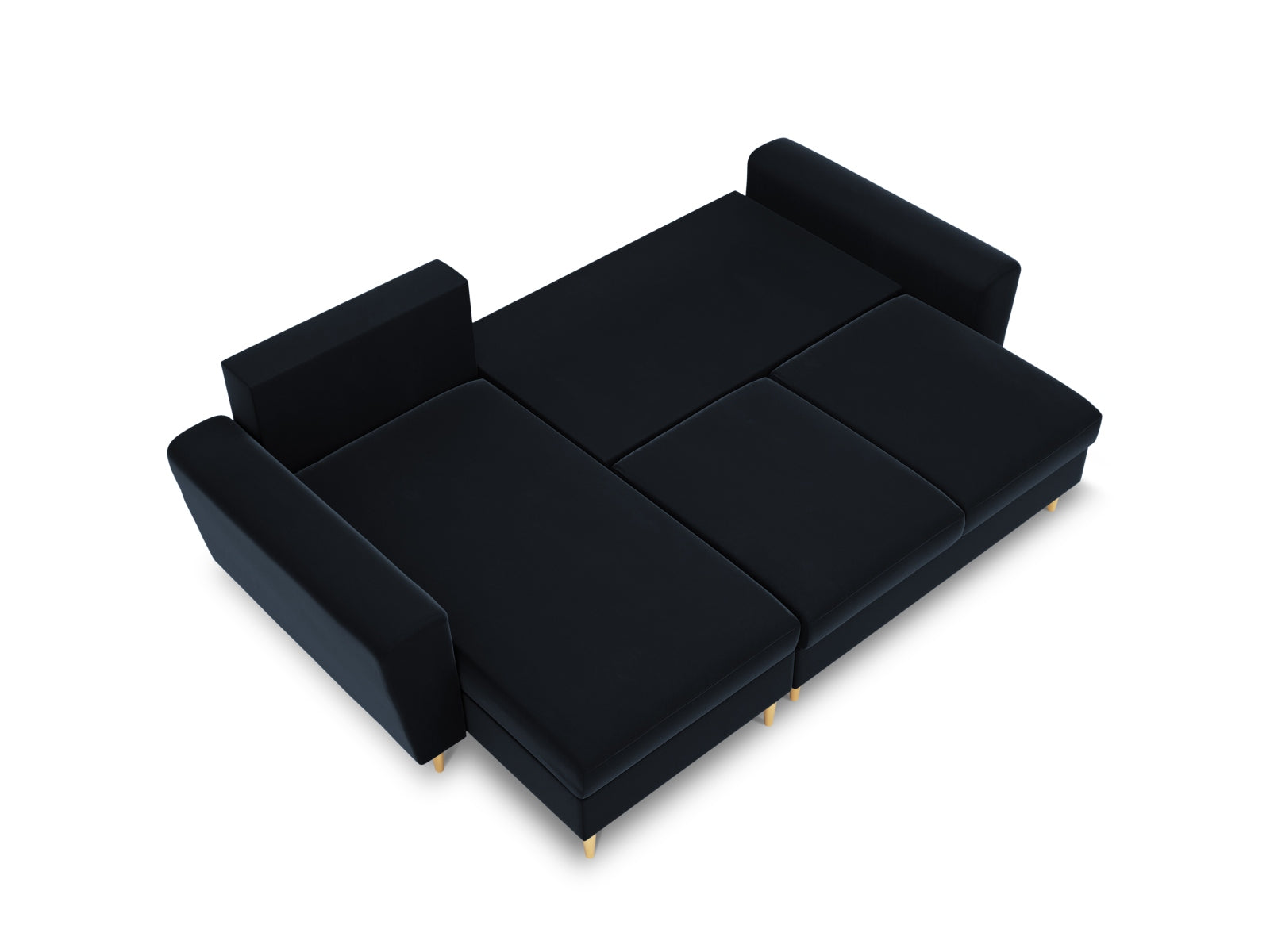 Elegantes Kyoto Ecksofa in Dunkelblau mit Schlaffunktion und Stauraum, ideal für stilvolle Wohnräume. 4-Sitzer, rechtsseitig.