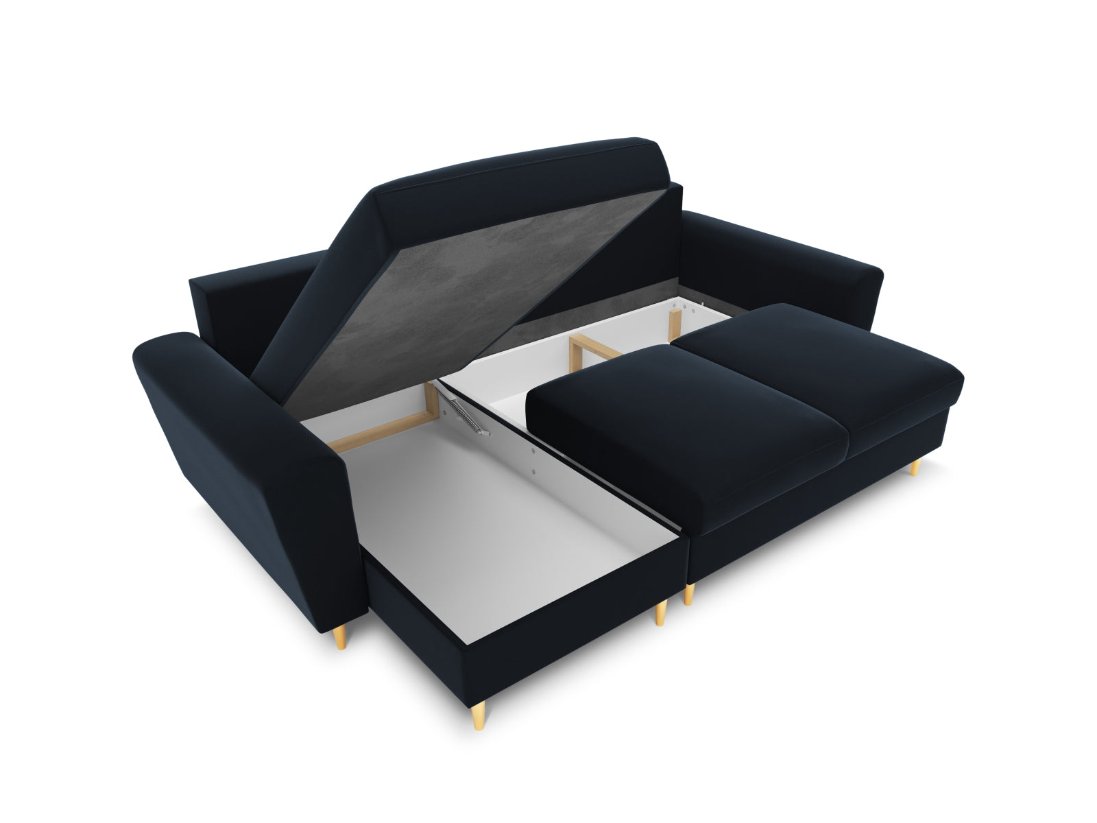 Modernes Kyoto Ecksofa in tiefem Blau, 4-Sitzer mit praktischer Schlaffunktion und Stauraum, perfekt für gemütliche Abende.