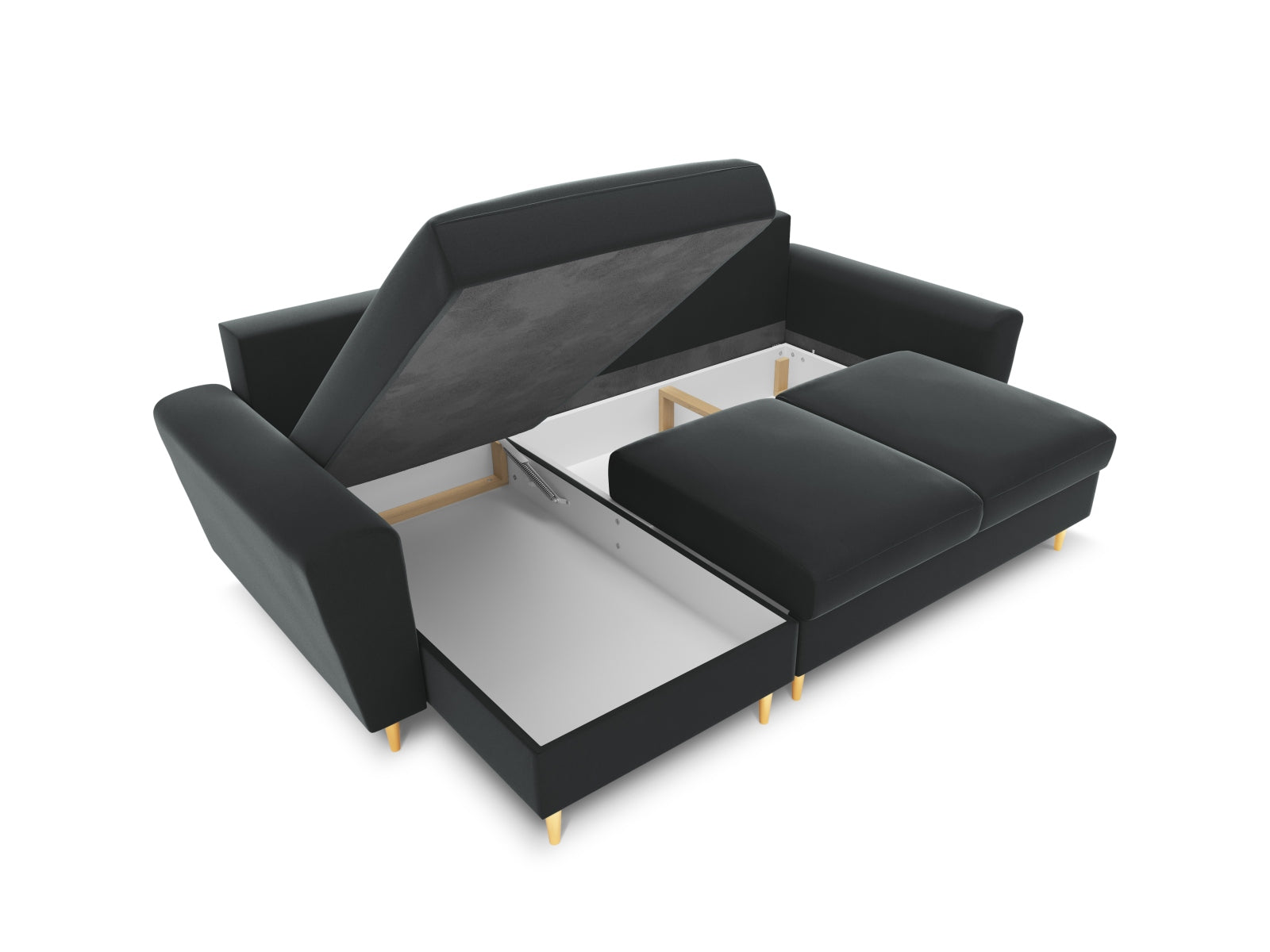 Elegantes Kyoto Ecksofa in Dunkelgrau, 4-Sitzer mit Schlaffunktion und praktischer Stauraumbox, perfekt für stilvolle Wohnkonzepte.