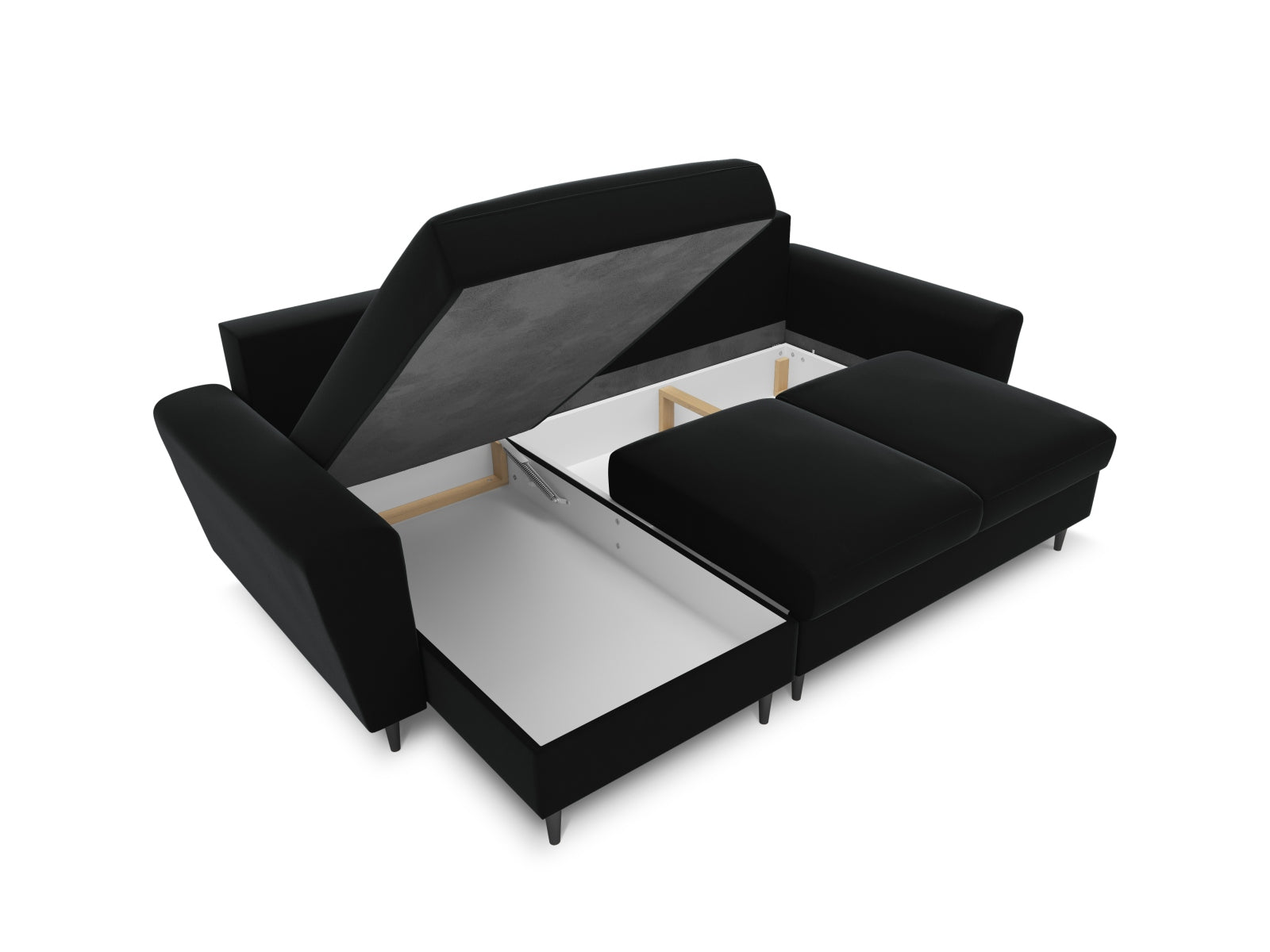 Elegantes Kyoto Ecksofa in Schwarz, 4-Sitzer mit praktischer Schlaffunktion und Stauraum, perfekt für gemütliche Wohnräume.