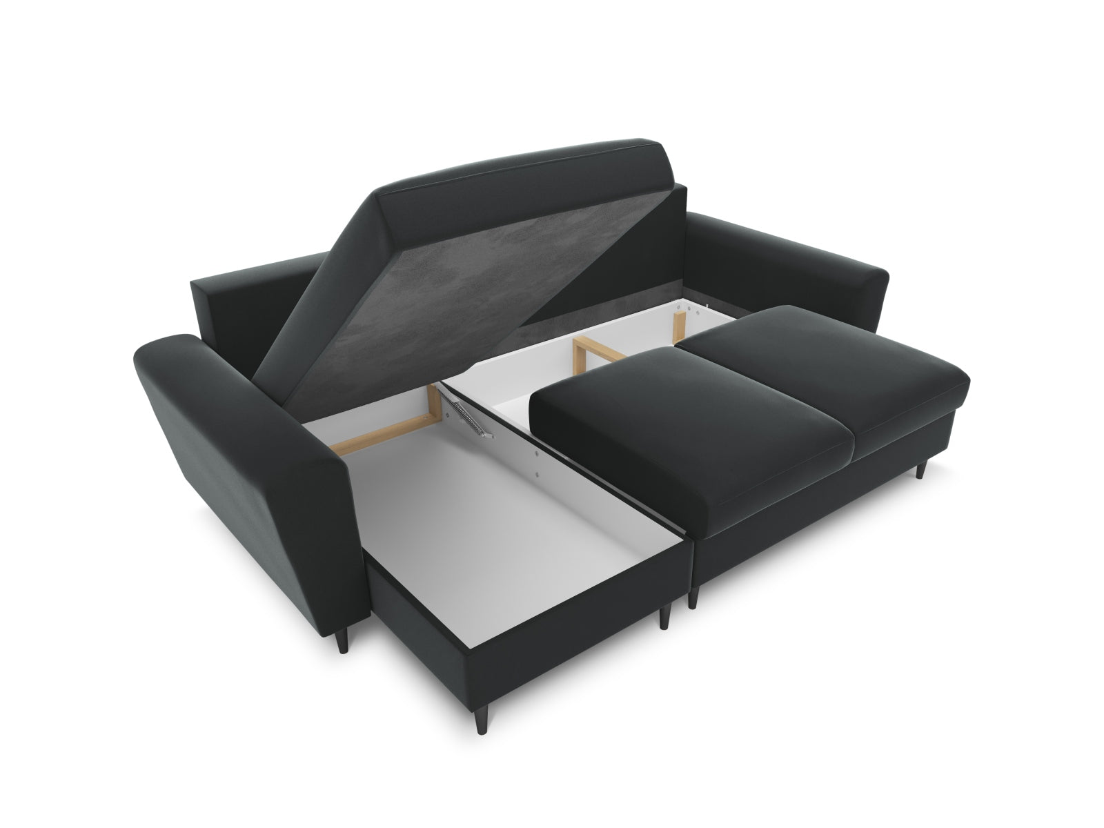 Modernes Kyoto Ecksofa in Dunkelgrau, 4-Sitzer mit Schlaffunktion und Stauraum, ideal für stilvolle Wohnräume und entspannte Nächte.