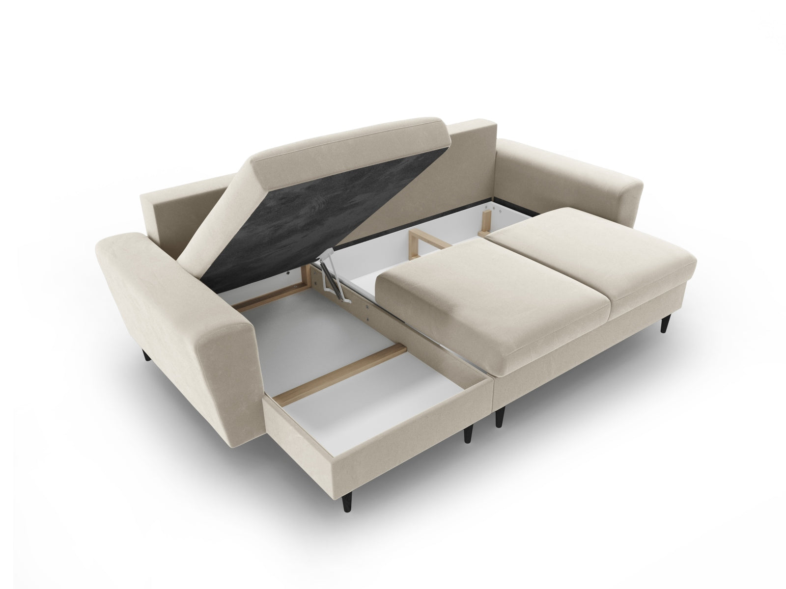 Modernes Kyoto Ecksofa in sanftem Beige, 4-Sitzer mit cleverer Schlaffunktion und integriertem Stauraum, perfekt für stilvolle Wohnräume.