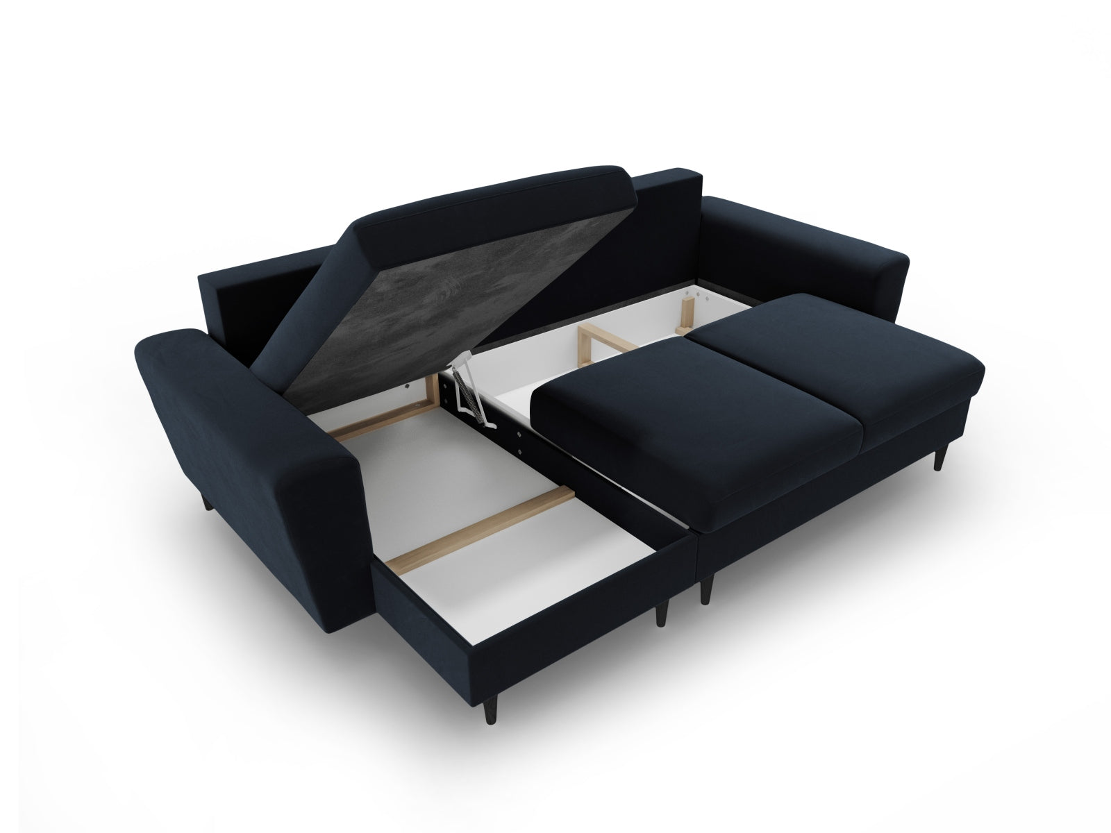 Elegantes Kyoto Ecksofa in tiefem Blau, 4-Sitzer mit Schlaffunktion und Stauraum, ideal für stilvolle Wohnräume und entspannte Nächte.