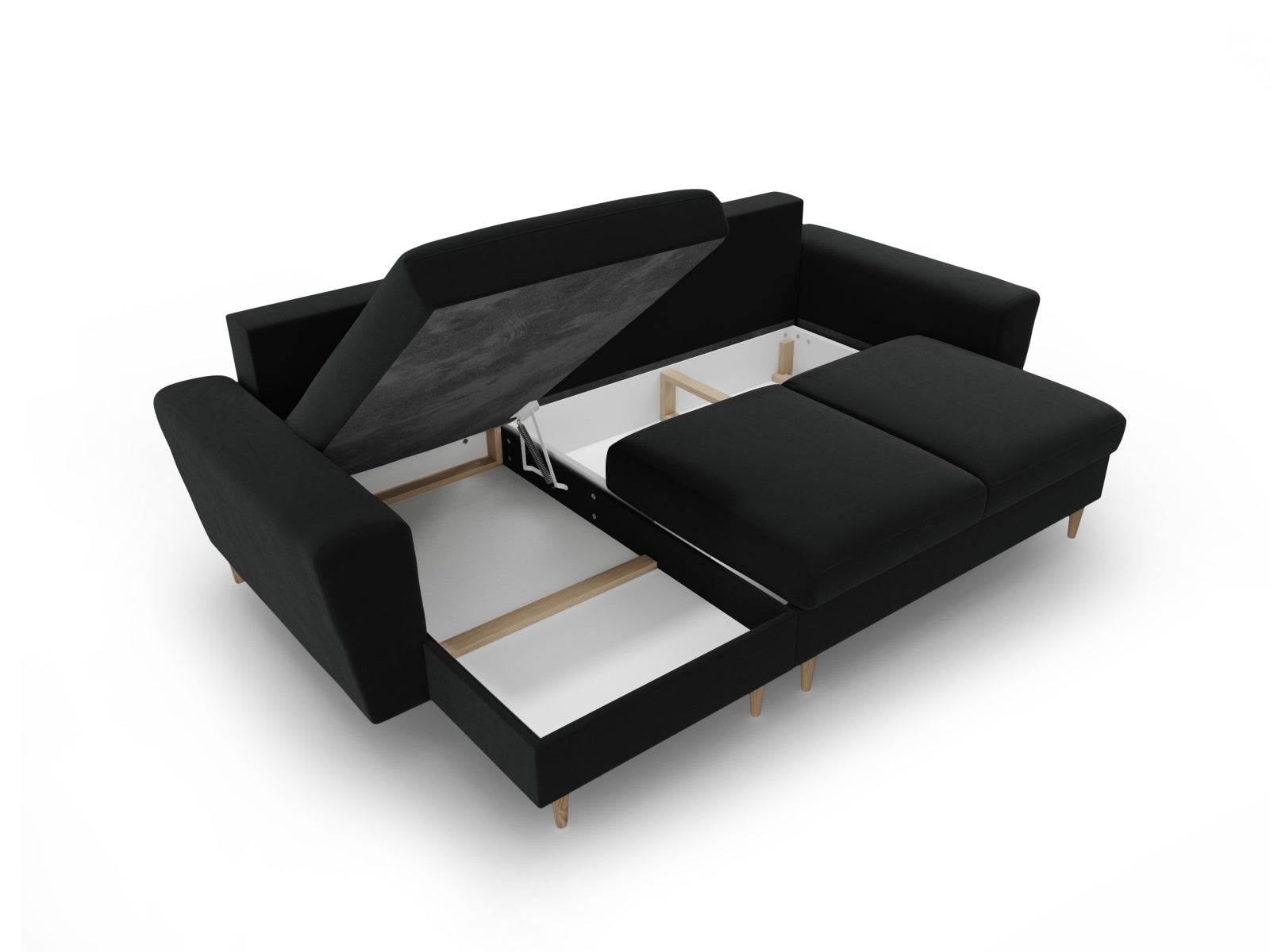 Stylisches Kyoto Ecksofa in Schwarz, 4-Sitzer mit Schlaffunktion und Stauraum, ideal für kleine Räume und entspannte Nächte.