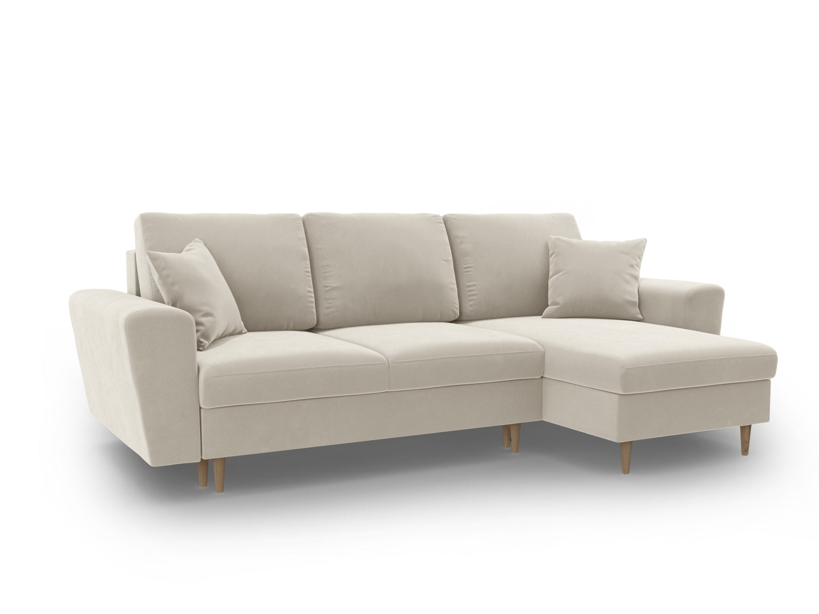 Modernes Kyoto Ecksofa in sanftem Beige, 4-Sitzer mit Schlafoption und Stauraum, perfekt für gemütliche und funktionale Wohnräume.