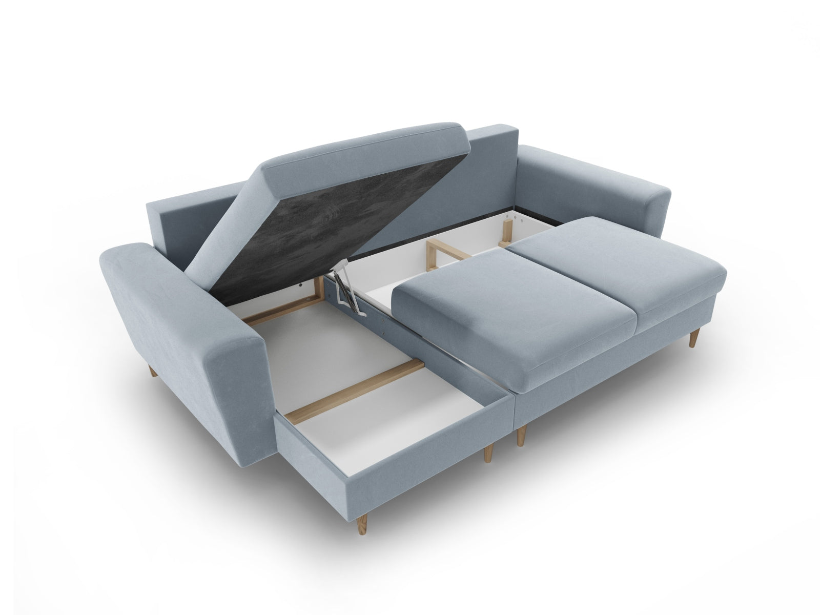 Elegantes Kyoto Ecksofa in zartem Hellblau, 4-Sitzer mit cleverer Schlaffunktion und Stauraum, ideal für Gäste und gemütliche Abende.
