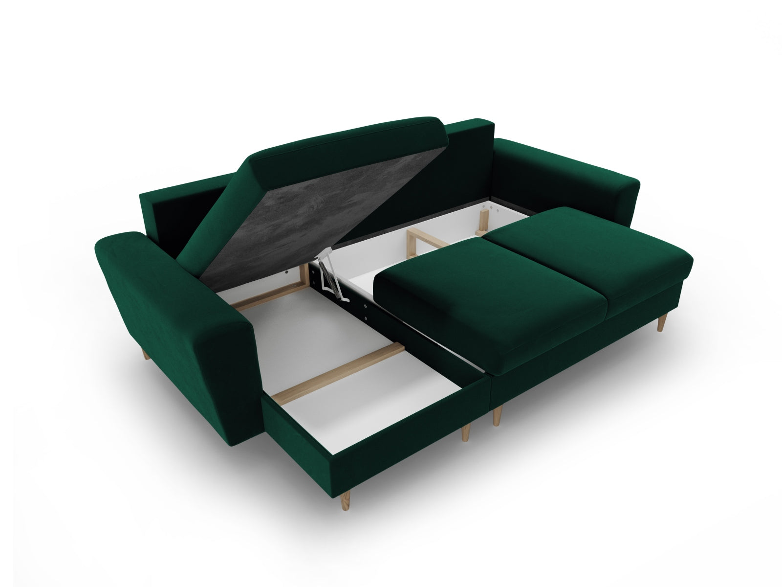 Elegantes Kyoto Ecksofa in tiefem Dunkelgrün, 4-Sitzer mit cleverer Schlaffunktion und integriertem Stauraum für vielseitige Nutzung.