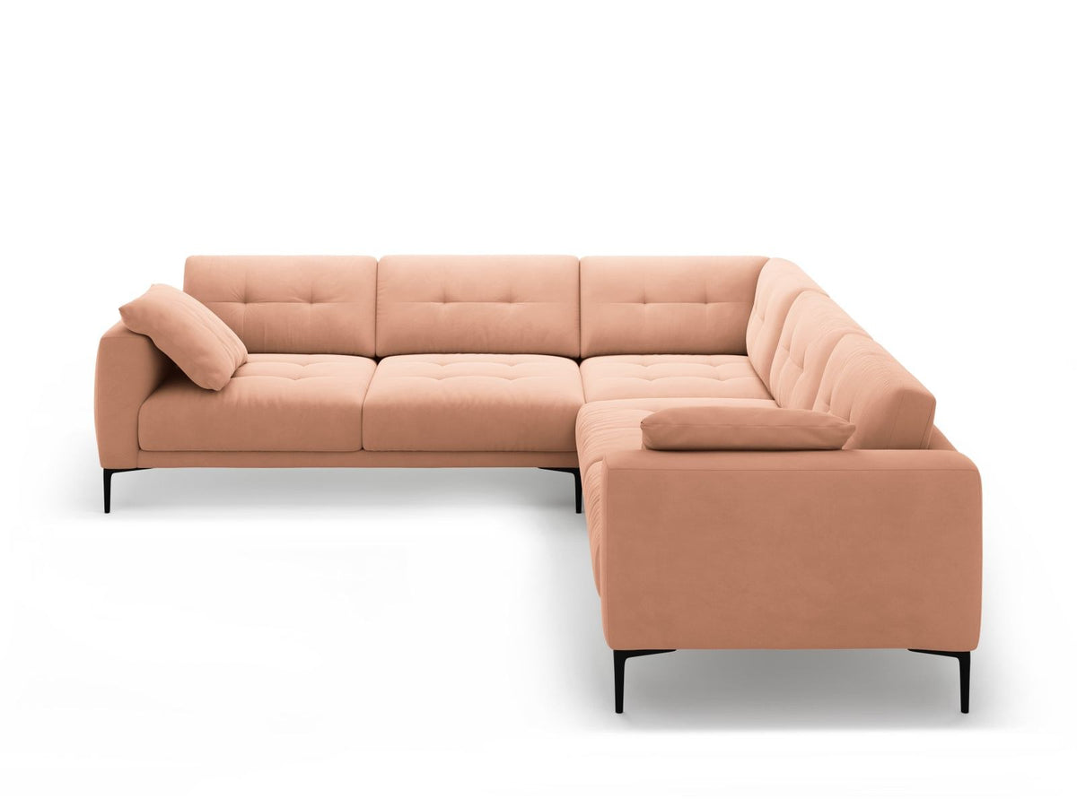 Symmetrisches Ecksofa Lazio in Samt-Velours, Royal Blue, mit schwarzen Metallbeinen, Massivholzrahmen und grosszügiger Sitzfläche.
