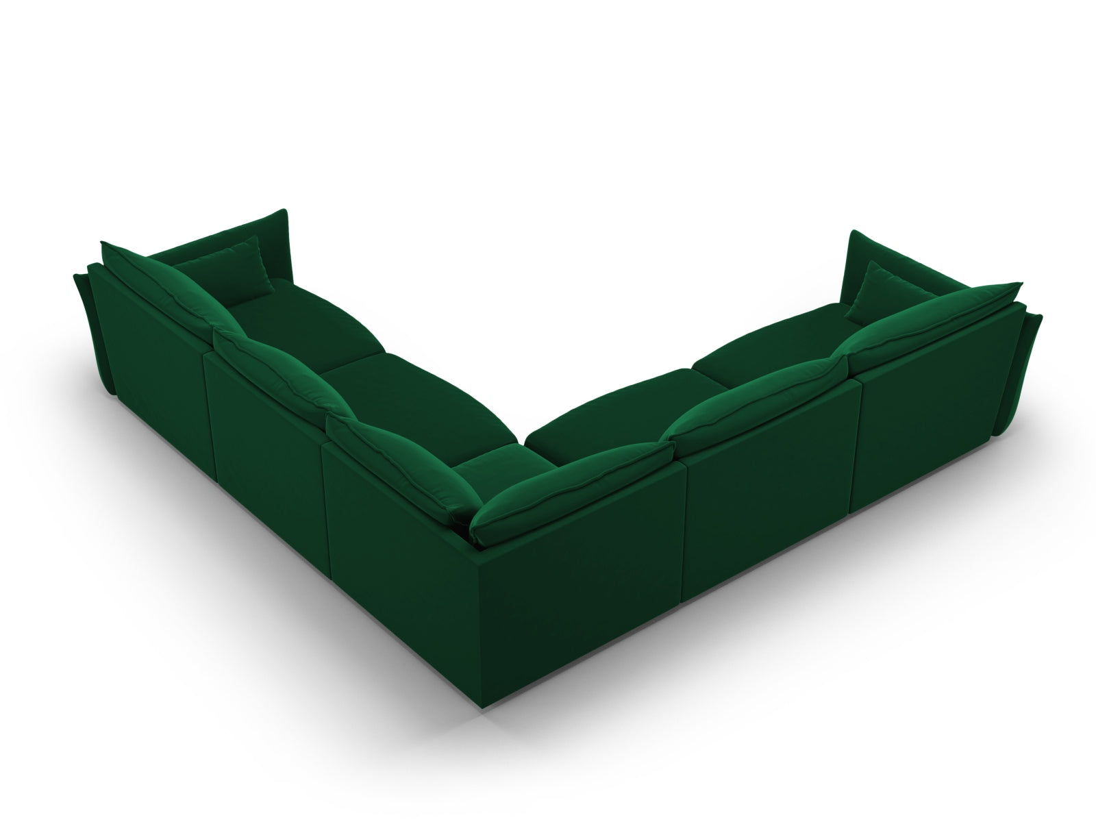 Elegantes 7-Sitzer Ecksofa Symmetric Matera in stilvollem Flaschengrün, ideal für gemütliche Abende und gesellige Zusammenkünfte.