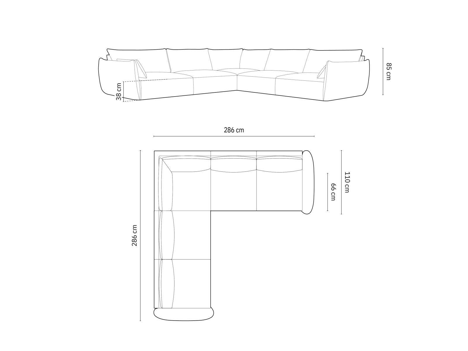 Geräumiges Ecksofa Symmetric Matera für 7 Personen in edlem Schwarz, perfekt für stilvolle Wohnzimmer und entspannte Zusammenkünfte.